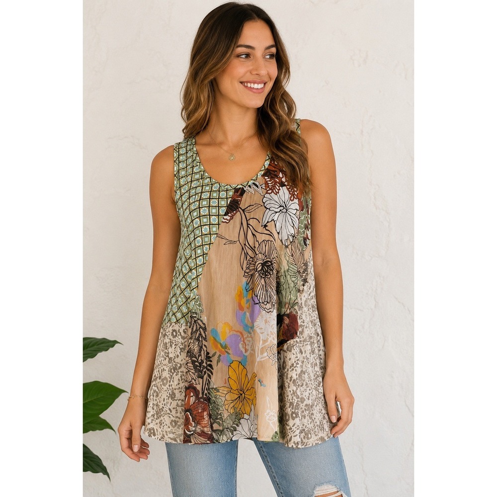 FIRE LOS ANGELES Mixed Print Floral Tank Top Women L Multicolor Boho Chiffon